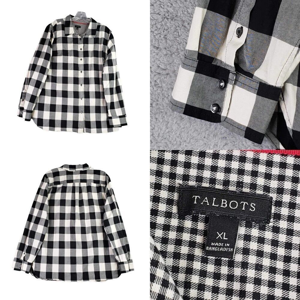 Talbots Shirt Women’s Button Down Black White Plaid Size XL Long Sleeve
